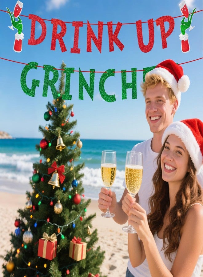 Lukinuo Drink Up Christmas Decorations Red Green Glittery Xmas Banner Green Monster Christmas Banners for Xmas Party Backdrop Decoration - Image 3
